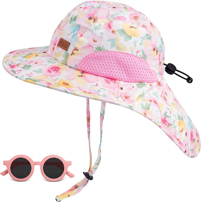 Photo 1 of Baby Bucket Hat & Sunglasses, UV Protection Sun Hat with Wide Brim, Toddler Beach Hat Summer Essentials for Boy Girl Medium 