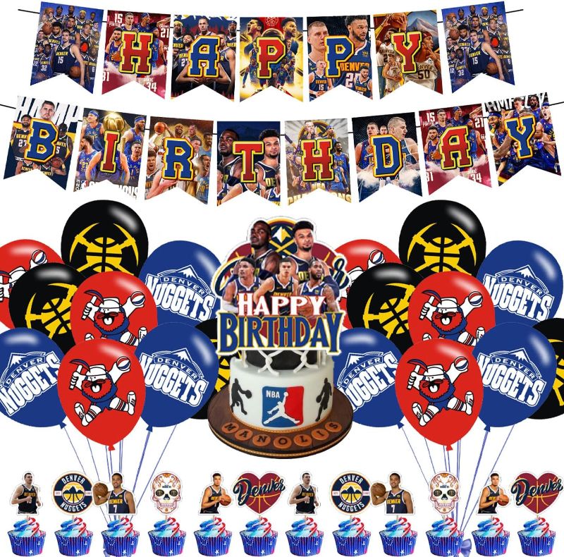 Photo 1 of 32Pcs Denver Basketball Birthday Party Decorations, Denver Basketball Party Supply Set for Men and Girls Boys with 1 Happy Birthday Banner Garland , 13 Cupcake Toppers,18Balloons for Basketball Sports Party Decorations
