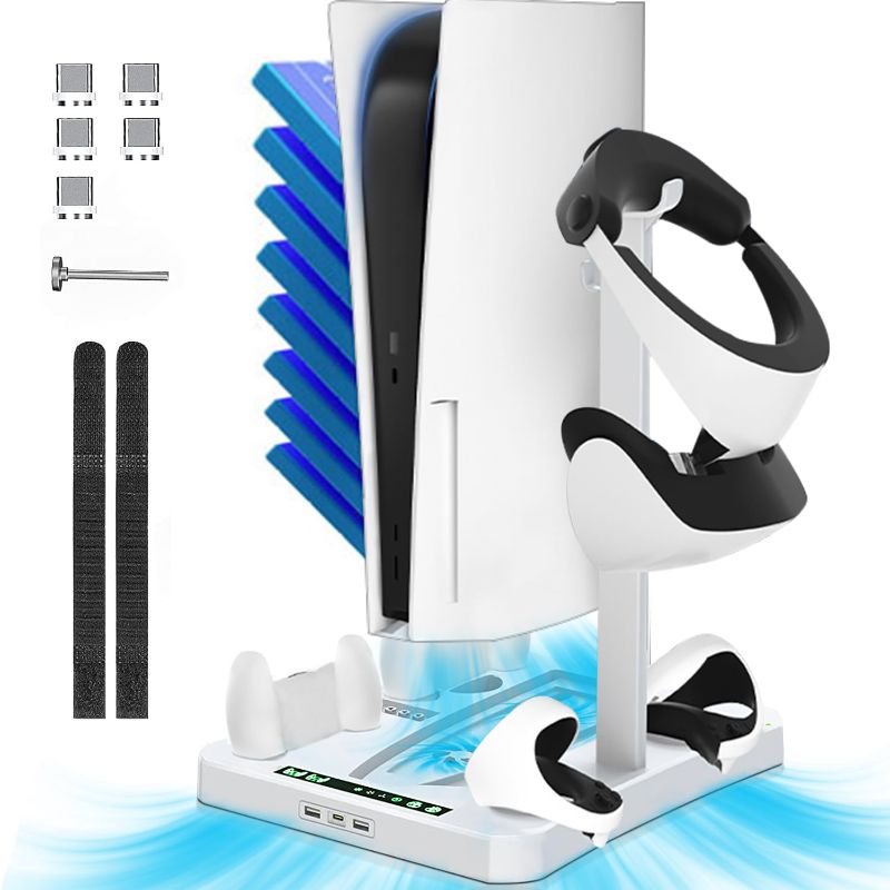 Photo 1 of PS5 & PS VR2 Accessories Cooling Stand, Charging Station for PSVR2, [3 in 1] Stand with Cooling Fan, PS VR2 Sense Controller Charging Station, PS-V R2 Headset Headphones Holder

