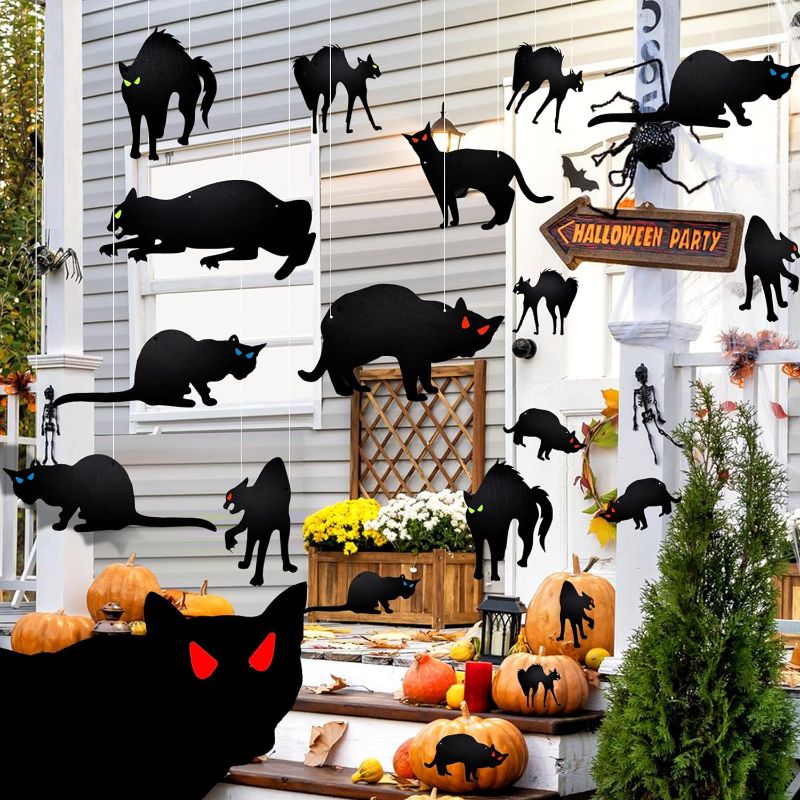 Photo 1 of 12Pcs Halloween Decoration Hanging Cats, Halloween Outdoor Decor Cats, 12 Shapes, Realistic Scary Cat for Hanging in The Tree, Porch, Yard, Indoor (PACK OF 2)