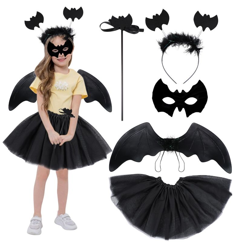 Photo 1 of COLORCASA Halloween Bat Costume Set Bat Wings Skirt Set and Magic Wand Tutu Skirt For Girls Dress up Cosplay Bat 5 Pcs Set