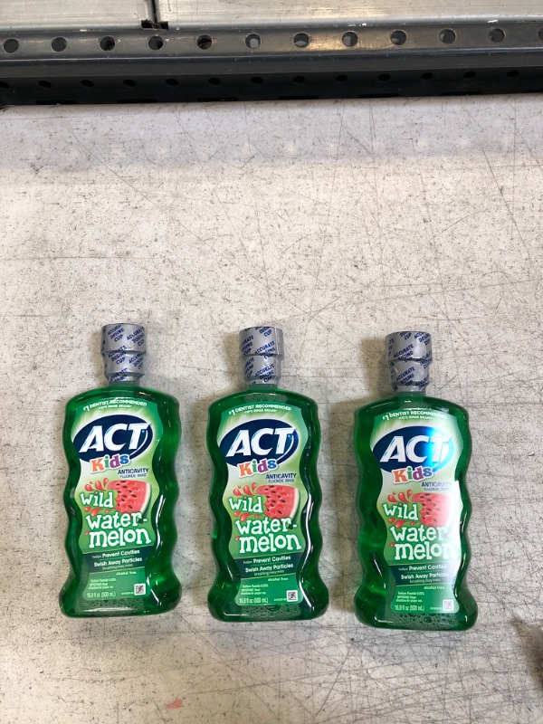 Photo 2 of ACT Kids Anticavity Fluoride Rinse Wild Watermelon 16.9 fl. oz. Accurate Dosing Cup, Alcohol Free. Pack of 3