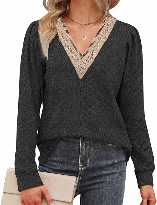 Photo 1 of Women Long Sleeve Tops Eyelet Puff Shirt Casual Lace V Neck Blouse Loose Fit Tunic Dressy, XL
