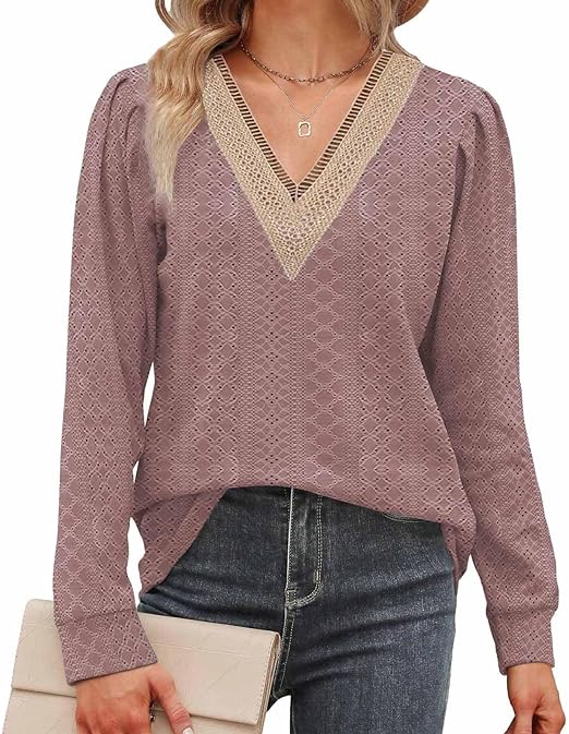 Photo 1 of Women Long Sleeve Tops Eyelet Puff Shirt Casual Lace V Neck Blouse Loose Fit Tunic Dressy. Large
