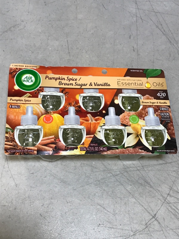 Photo 2 of Air Wick Plug in Scented Oil Refill, 7ct, Pumpkin + Brown Sugar Mixed Pack, Fall Scent, Essential Oils, Air Freshener