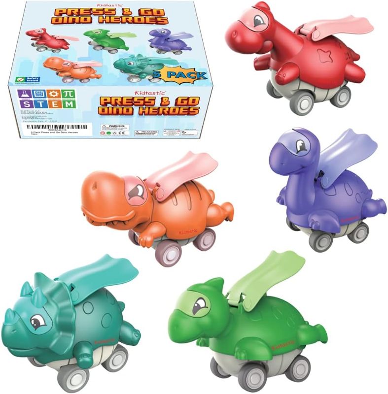 Photo 1 of Kidtastic Toddler Press and Go Dino Heroes Dinosaur Toys Pack of 5, Pull Back Triceratops, Gigantosaurus Dinosaurs Car Toys for Kids, Toys for 3+ Year Old Boys and Girls
