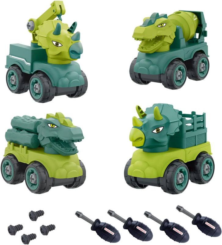 Photo 1 of Kidtastic Dinosaur Construction Trucks Toys for Ages 3-6 Kids 4 Pack, Baby Boys Girls STEM Learning Toys, Toddlers, Dump Truck Toy, Screwdrivers Included
