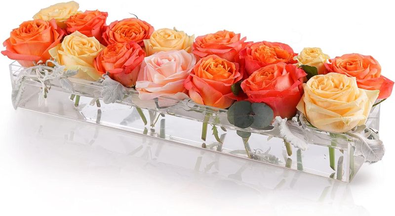 Photo 1 of Clear Flower Vase Rectangular Floral Centerpiece 17.6 Inch Long Rectangle Acrylic Vase for Home Wedding Dining Table Decor(18 Holes,Without Light)
