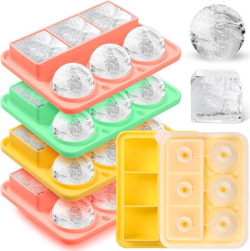 Photo 1 of Mumufy 4 Pack Ice Cube Trays 2.2 Inch Large Silicone Ice Mold Colorful Ice Ball Maker Round Ice Ball Maker Square Ice Trays with Lids for Whiskey Cocktails Homemade Drinks,3 Colors

