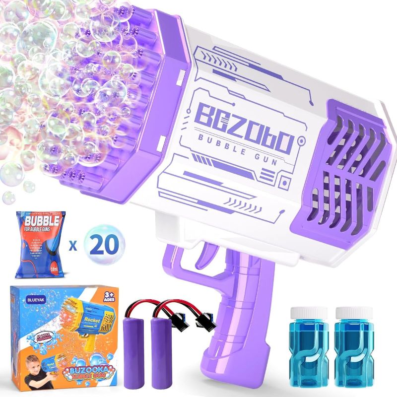 Photo 1 of Bazooka Bubble Gun, Bubble Machine with 2 Batteries, LED Lights, 69 Holes Bubble Machine Gun for Kids Ages 3 4 5 6 7 8 Boy Girl Birthday Party Favors Toddler Outdoor Toys - Bubble Blower Purple
