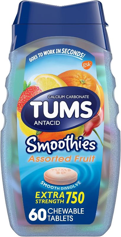 Photo 1 of ( PACK OF 4 ) TUMS Smoothies Extra Strength Antacid Chewable Tablets for Heartburn Relief, Assorted Fruit - 60 Count 