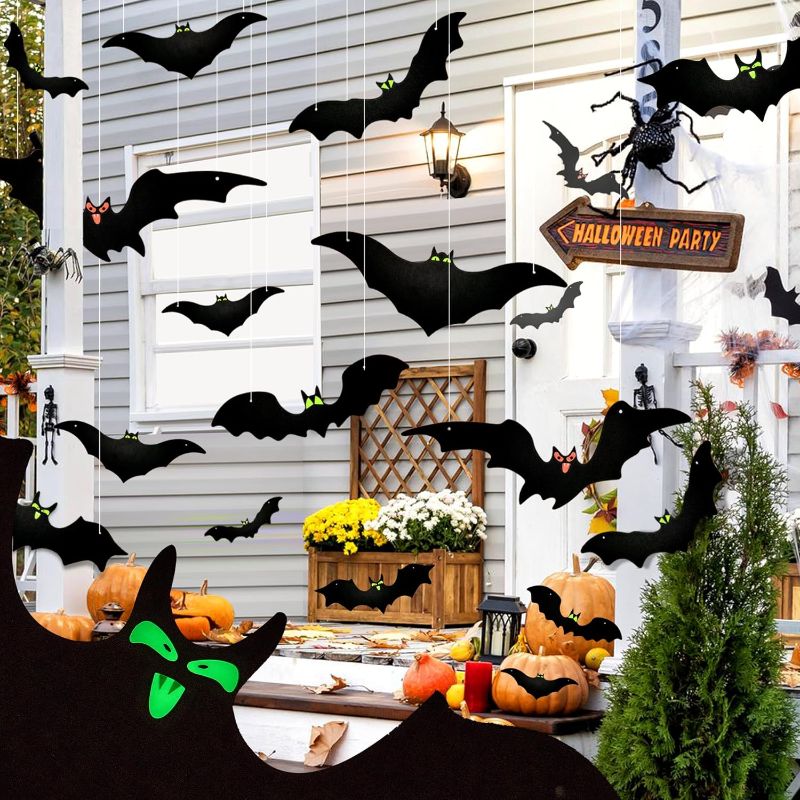 Photo 1 of 25Pcs Halloween Decorations Hanging Bats, Flying Halloween Outdoor Decor Bats, 5 Shapes, Realistic Scary Bats for Hanging in The Tree, Porch, Indoor
