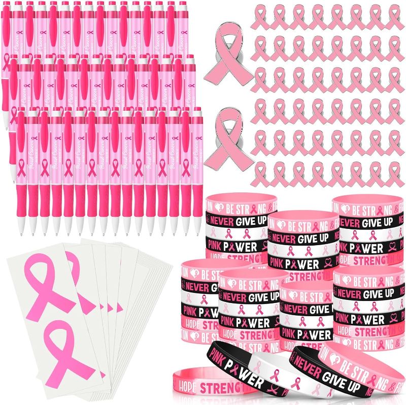 Photo 1 of 250 Pcs Breast Cancer Awareness Accessories for Women Include 50 Cancer Awareness Ribbon Pen 50 Pink Ribbon Bracelets 50 Breast Cancer Pins 100 Breast Cancer Stickers Gifts Bulk
