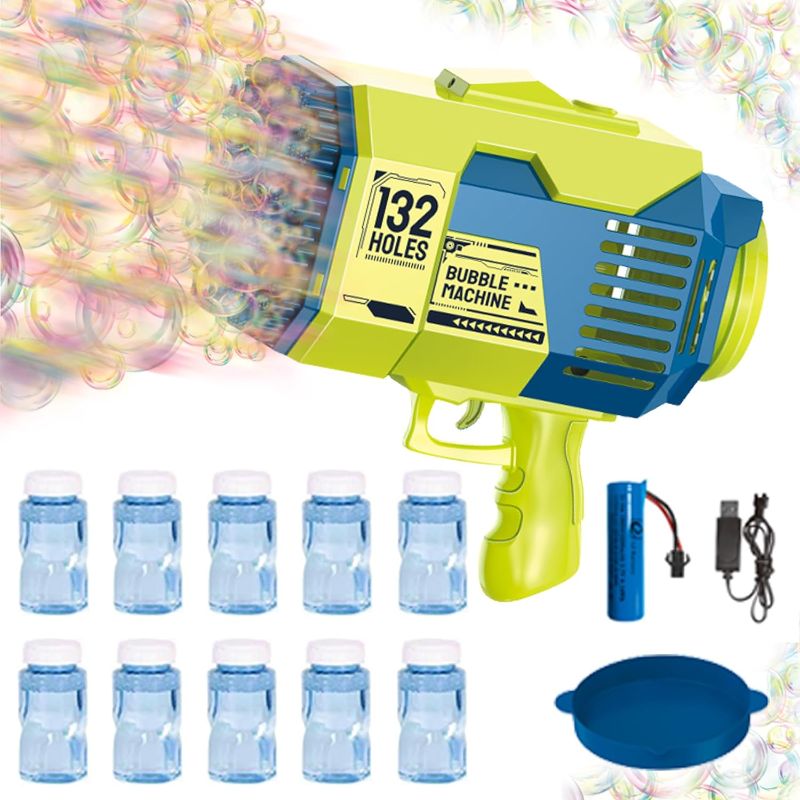 Photo 1 of Bubble Machine, Green 132 Holes Bazooka Bubble Gun Blaster with Light / 10 Bottles Bubble Solutions, for Kids Toddlers Toy Gift, for Birthday Wedding Christmas Halloween Party
