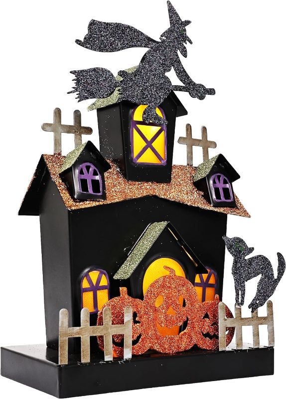 Photo 1 of Jusdreen Halloween Tabletop Decoration, Iron Sheet Haunted Ghost House with LED Light Decoration, Halloween Sign Indoor Fireplace Desk Kitchen Table Ornament, 11.4 INCH
