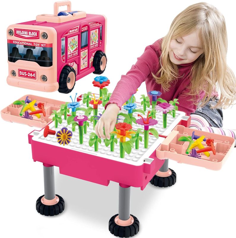 Photo 1 of deAO Bus Toys,Flower Garden Building Toys for Girls Age 3 4 5 6,105 PCS with Storage Bus Car Toys, STEM Toy Gardening Pretend Play Gifts
