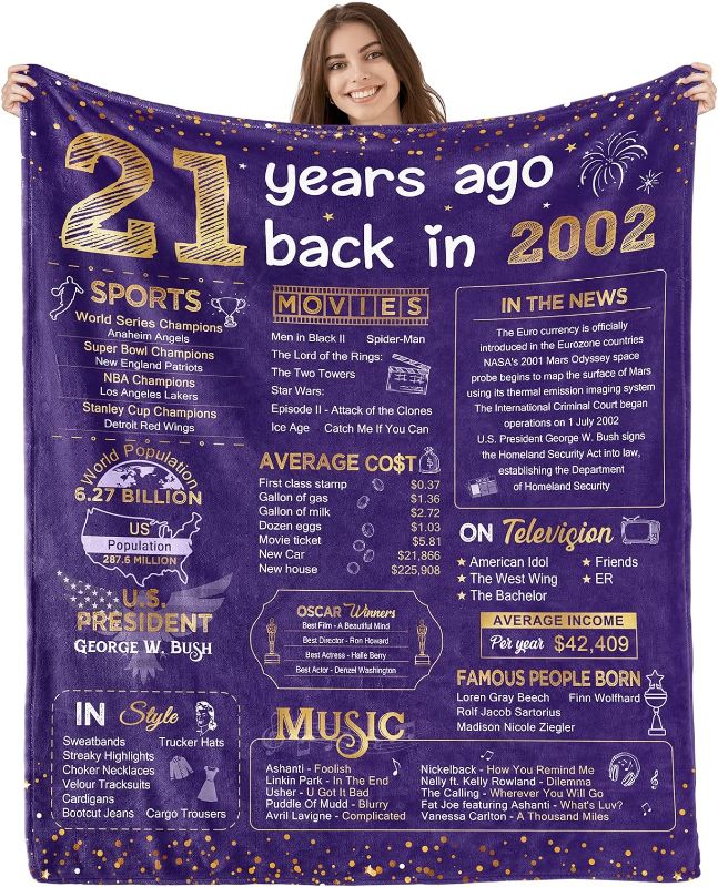 Photo 1 of YDHCTKYG 21st Birthday Decorations for Her Best 21st Birthday Gifts 21 Year Old Birthday Gifts for Her Girl Daughter Sister Granddaughter Soft Throw Blanket 21 Years Ago Back in 2002 - Purple Gold
