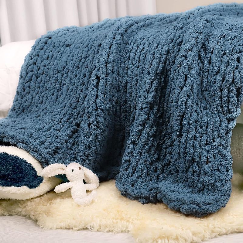 Photo 1 of Carriediosa Chunky Knit Throw Blanket 50" X 60", 100% Hand Made Large Chenille Loop Yarn Soft Fluffy Throws for Couch Sofa Bed, Big Crochet Cozy Heavy Thick Cable Woven Blanket, Lyons Blue

