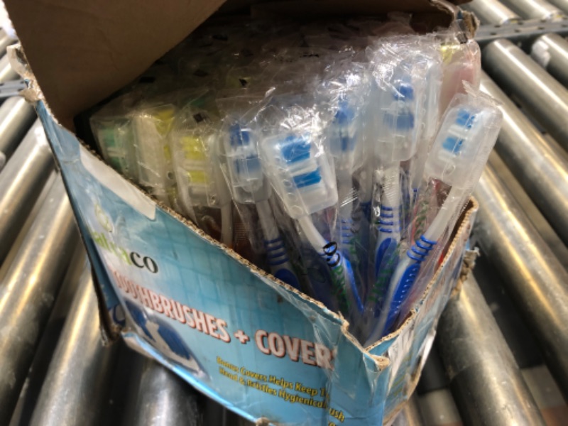 Photo 1 of Bulk Toothbrush Pack with Covers | Premium Quality Individually Wrapped Colorful Tooth Brushes are Perfect for Travel, Giveaways, Care Packages, Hotels | Standard Medium Soft Bristles | 100 Count 100 Count (Pack of 1)