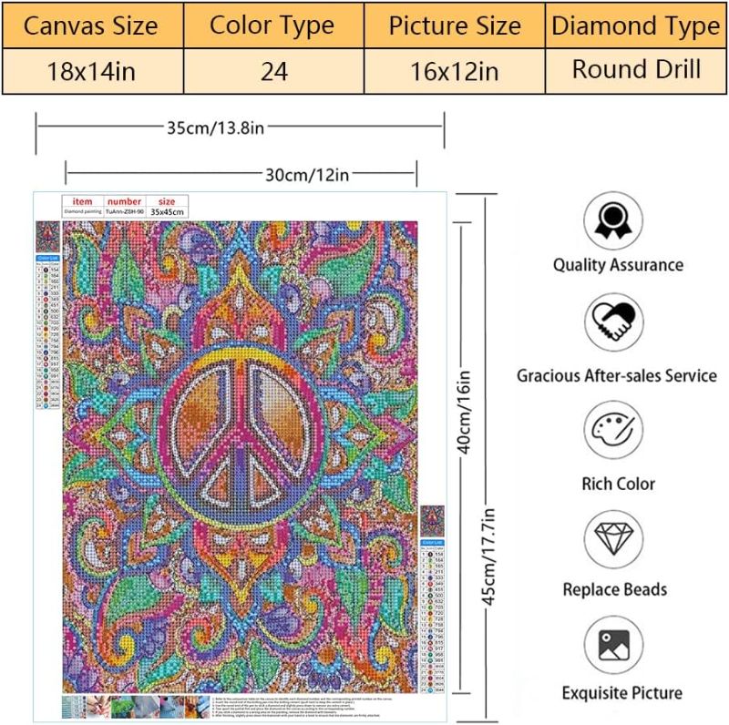 Photo 1 of 5D Diamond Painting Kits For Adults Kids Peace Sign DIY Diamond Art Kits Abstract Mandala Full Drill Crystal Diamond Painting Unique Gift Crafts Picture Gem Art For Home Wall Decorations 12x16 Inches
