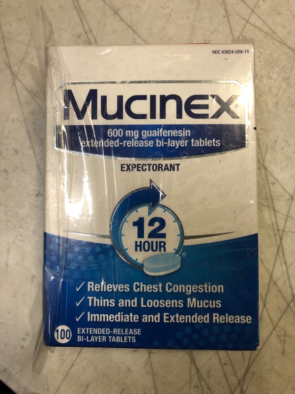 Photo 2 of Mucinex 12 Hour 600mg Maximum Strength Guaifenesin Chest Congestion & Mucus Relief, Guaifenesin Expectorant Aids Mucus Removal, Chest Decongestant for Adults, Dr Recommended, 100ct Tablets 07/2026