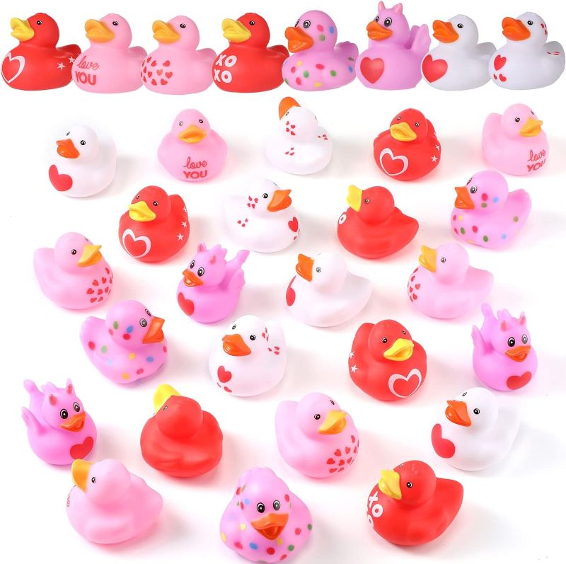 Photo 1 of 24 Pcs Valentine Rubber Duckies Bulk 2 Inch Mini Love Heart Holiday Ducks Novelty Pink Red Bath Toys for Boys Girls Valentine's Day Party Favors Classroom Goodie Bag Fillers (Heart Style)
