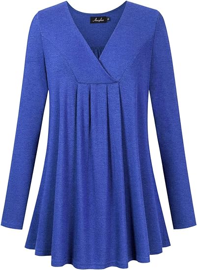 Photo 1 of 3XL---AMZ PLUS Women's Plus Size Long Sleeve V Neck Tunic Tops Pleated Flowy Tee Shirt Causal Loose Blouse
