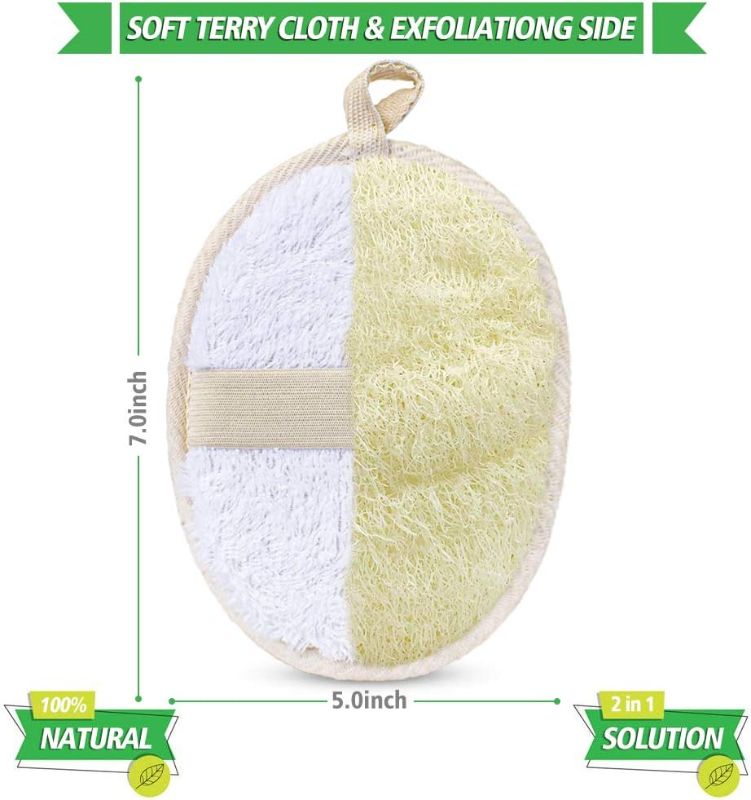 Photo 2 of 3 Packs Exfoliating Loofah Sponge Pads,Large 5”x 7”-100% Natural Luffa and Terry Cloth Materials,Premium Loofa Sponge Scrubber Body Glove Close Skin for Men and Women,Perfect for Bath Spa and Shower
