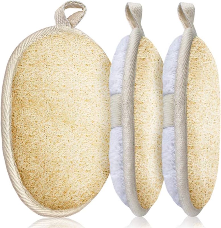 Photo 1 of 3 Packs Exfoliating Loofah Sponge Pads,Large 5”x 7”-100% Natural Luffa and Terry Cloth Materials,Premium Loofa Sponge Scrubber Body Glove Close Skin for Men and Women,Perfect for Bath Spa and Shower

