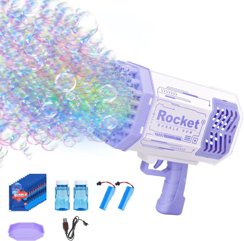Photo 1 of Bazooka Bubble Gun, 69 Holes Bubbles Machine with 2 Batteries?Bubble Blaster for Kids Adults, Bubble Maker Summer Toy Gift for Outdoor Birthday Wedding Party (Purple)
