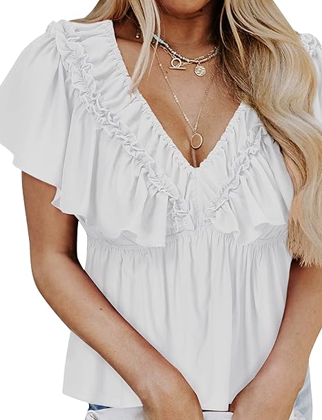 Photo 1 of KOJOOIN Women Deep V Neck Peplum Tops Flutter Sleeve Casual Babydoll Tops Tie Back Elegant Sexy Blouses Shirts
SIZE XXL 