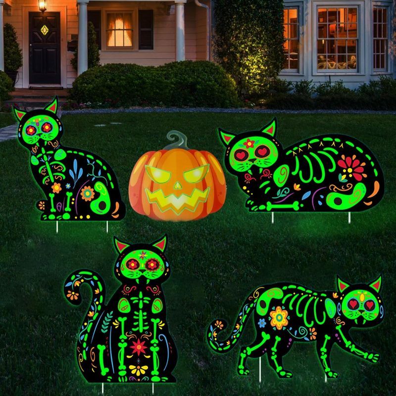 Photo 1 of 4Pcs Halloween Yard Signs - Fluorescence Black Cat with Colorful Pattern Outdoor Halloween Decorations,Scary Yard Lawn Garden Stakes,Plastic Decoration for Halloween Party
