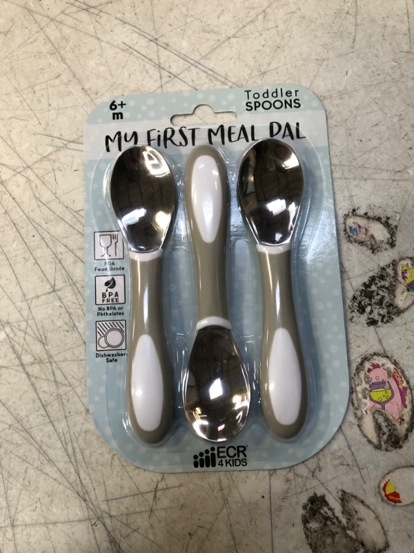 Photo 1 of ECR4Kids My First Meal Pal Toddler Spoons-Free and Dishwasher Safe Utensils for Babies and Kids, Children's Flatware for Self-Feeding, White/Light Grey (3-Pack)