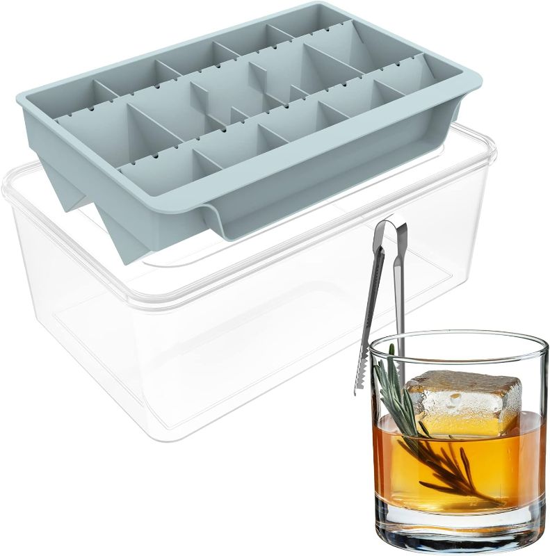 Photo 1 of  Large Ice Cube Tray With Lid and Bin, 2''Whiskey Ice Mold for Freezer, Square Ice Cube Mold Making 10 PCS Ice Cubes Chilling Cocktail Whiskey Tea Coffee (Blue)