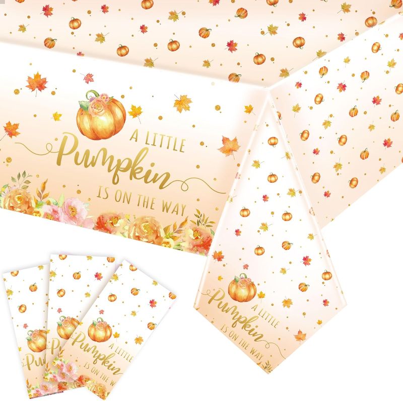 Photo 1 of  3 Pieces Little Pumpkin Tablecloths Fall Baby Shower Party Decoration Boy Girl a Little Pumpkin is on The Way Table Cover for Thanksgiving Table Decor Gender Reveal Supply Favor, 54 x 108''