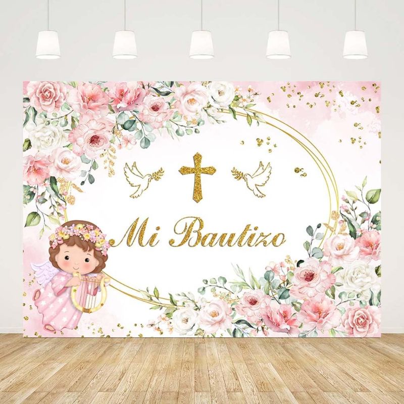 Photo 1 of  7x5ft Pink Mi Bautizo Backdrop for Girls Baby Shower God Bless First Holy Communion Background Oval Mexican Baptism Party Flowers Decorations Banner Props