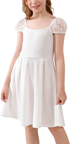 Photo 1 of GORLYA Girls Scoop Neck Polka Dot Mesh Puff Sleeve Casual Party A-Line Dress with Pockets for 14T