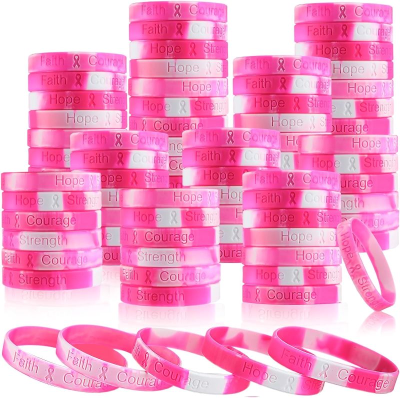 Photo 1 of 120 Pcs Breast Cancer Awareness Wristbands Pink Ribbon Camo Wristbands Silicone Breast Cancer Wristbands for Women Men Breast Cancer Support Party, Hope Strength Faith Courage