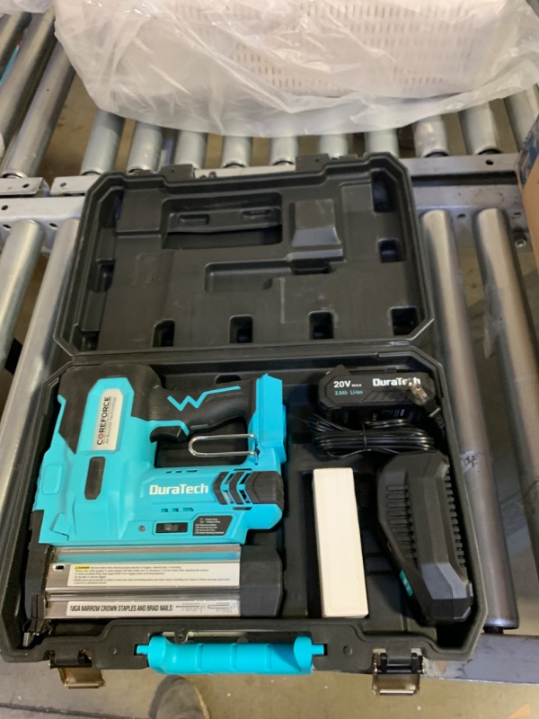 Photo 2 of DURATECH 20V Cordless Brad Nailer, 18 Gauge, 2-in-1 Nail/Staple Gun for Upholstery, Carpentry, Including 2.0Ah Rechargeable Battery, 1H Quick Charger, 1000 Staples, 1000 Nails and Carrying Case