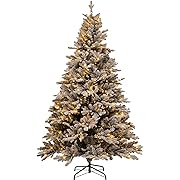 Photo 1 of 7FT Pre-lit Flocked Christmas Tree with Warm White Lights, Snow Flocked Full Xmas Tree with 1326 Branch Tips, 400 Incandescent Lights & Foldable Stand for Outdoor and Indoor Decoration
