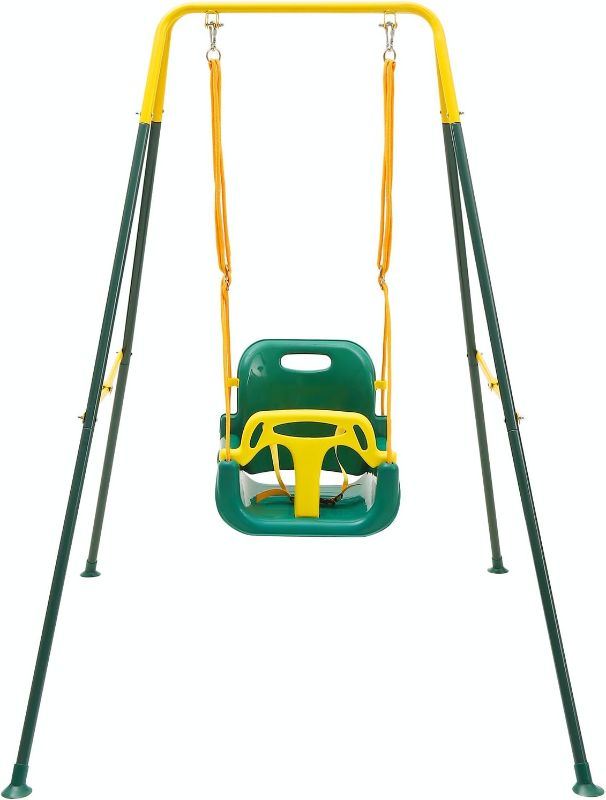 Photo 1 of FUNLIO 3-in-1 Toddler Swing Set with 4 Sandbags, Indoor/Outdoor Baby Swing with Foldable Metal Stand, Kids Swing Set for Backyard, Clear Instructions, Easy to Assemble & Store,Green
