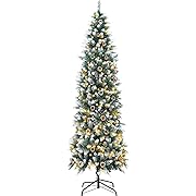 Photo 1 of 6FT Prelit Slim Christmas Tree, Artificial Pencil Christmas Tree with Warm White Lights, Snowflake Skinny Christmas Tree with Pine Cones, 950 Branches Count, Indoor Decoration, Xmas Holiday Decor
