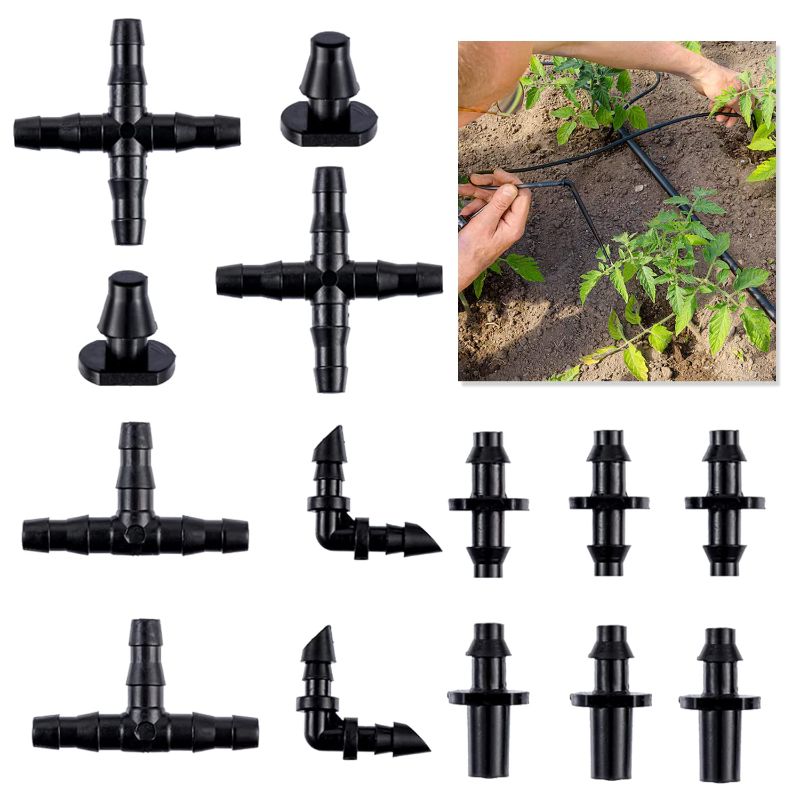 Photo 1 of 1/4in Drip Irrigation Fittings Kit, 280 Pcs Drip Irrigation Barbed Connectors, Tubing Drip System Parts for Garden Lawn Include Straight Barbs,Single Barbs,Tees,Elbows,End Plug,4-Way Coupling
