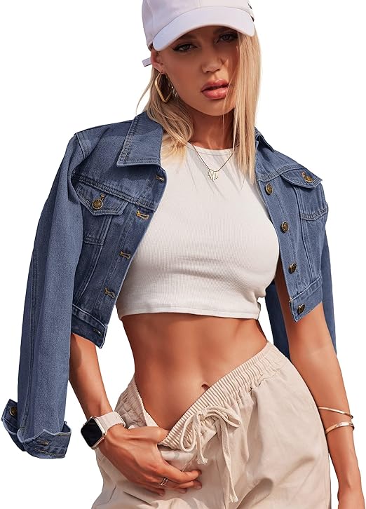 Photo 1 of Grabsa Women's Button Down Long Sleeve Cropped Denim Jean Jacket with Pockets- SIZE XL 
