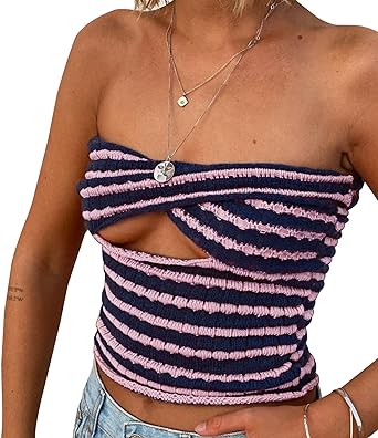 Photo 1 of Bairmild Women's Striped Twist Front Knit Tube Top Sexy Strapless Cutout Crop Tank Sleeveless Slim Fit Bandeau Crochet Top SIZE XS
