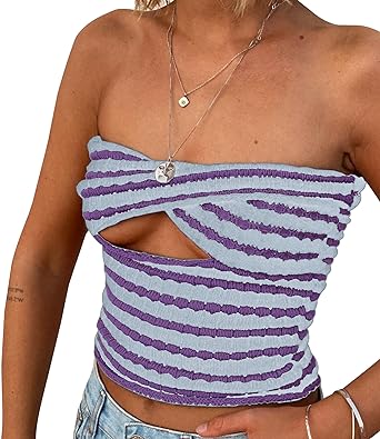 Photo 1 of Bairmild Women's Striped Twist Front Knit Tube Top Sexy Strapless Cutout Crop Tank Sleeveless Slim Fit Bandeau Crochet Top SIZE S
