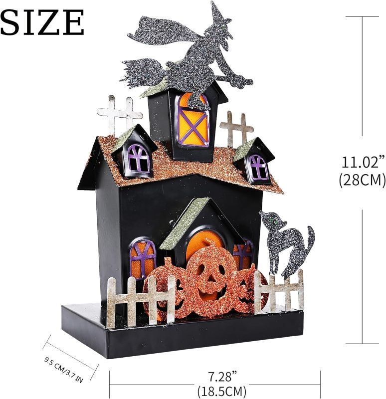 Photo 1 of 1PC Halloween Tabletop Decoration, Iron Sheet Haunted Ghost House Decoration with LED Light, Halloween Sign Indoor Fireplace Desk Kitchen Table Ornament
