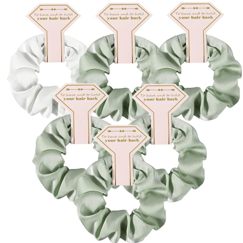 Photo 1 of Loanzeg Satin Bridesmaid Scrunchies Bachelorette Hair Ties Set of 6 Bridal Shower No Damage Hairties ideas Gift for Wedding Party Favors Bridesmaid Proposal Gifts And Clips (White&Sage Green)
