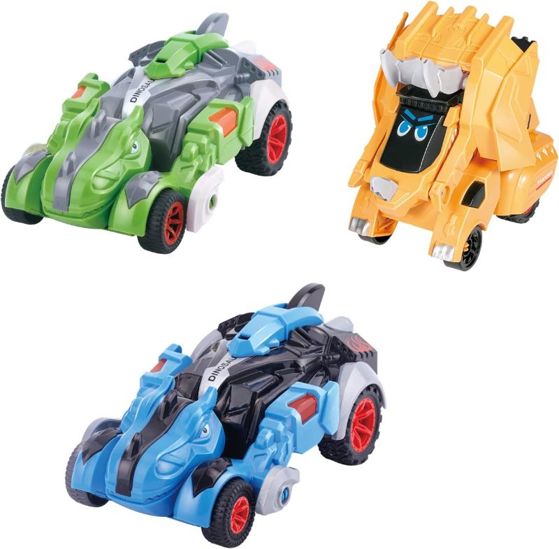 Photo 1 of Kidtastic Dinosaur Toys for Kids 3-5, 3 Pack Transforming Cars, Dino Racing Toy for Boys Girls Toddlers, Transformers Playset for 3 4 5 Year Old Boy and Girl
