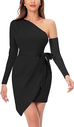 Photo 1 of LiLLiYADi Women's One Shoulder Bodycon Dresses Long Sleeves Ruched Asymmetrical Hem Sexy Mini Cocktail Party Dress (PINK) Size XL
